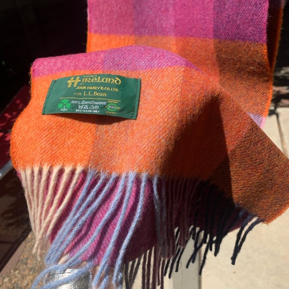 John Hanley for L. L. Bean 100% lambswool scarf orange purple 65X12 inches - Picture 3 of 4